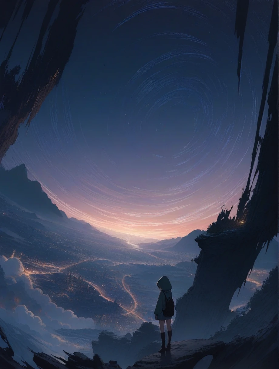 score_9, score_8_up, score_7_up, score_anime, masterpiece, top quality, delicate illustration, sharp lines, sharp focus, BREAK, a traveling girl wandering in the endless night world, the girl wears a hood and has a lot of stuff in her backpack, night , fantastic landscape, beautiful scenery, harmony with nature, spectacular view, space city, (((torn clothes))), (((torn hood))),shorts,boots