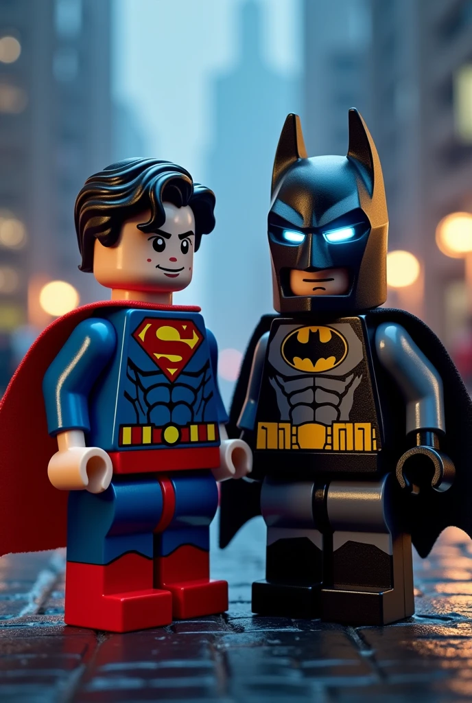 Superman and Batman in lego art, night