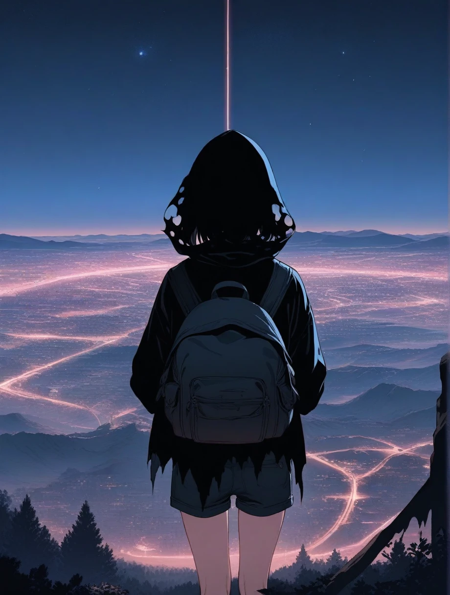 score_9, score_8_up, score_7_up, score_anime, masterpiece, top quality, delicate illustration, sharp lines, sharp focus, BREAK, a traveling girl wandering in the endless night world, the girl wears a hood and has a lot of stuff in her backpack, night , fantastic landscape, beautiful scenery, harmony with nature, spectacular view, space city, (((torn clothes))), (((torn hood))),shorts,boots