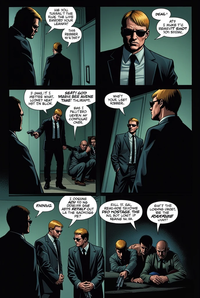 in the background in the shadows is a figure that appears to be a man in a suit with sunglasses and straight blond hair. The third panel shows the man who was discussing killing the hostages who are crouched down with his hands down loading his gun to shoot.. In the room it shows the hostages begging for their lives, some of them crying, others quiet, already seeing that their lives would end that way. In the fifth frame one of the robbers tries to stop his ally from shooting.