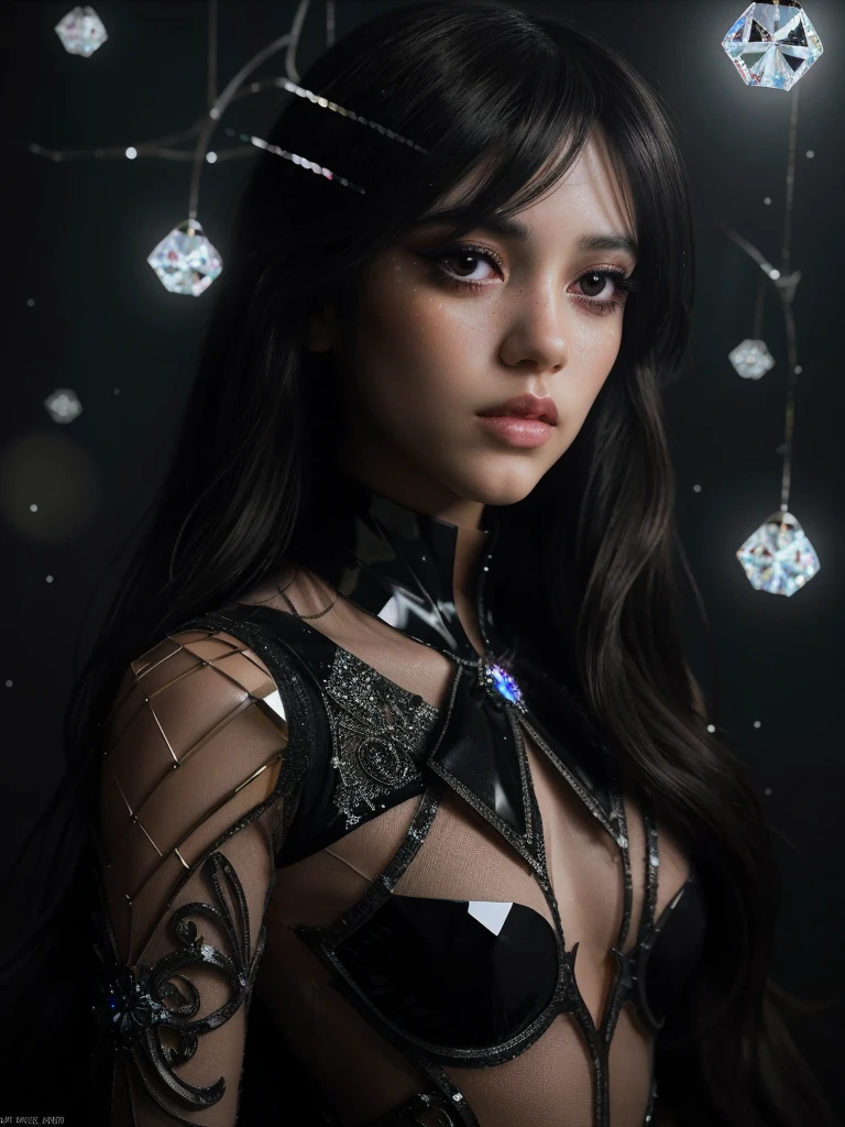 a beautiful anime girl with long dark hair, extremely detailed eyes with long lashes, beautiful detailed lips, extremely detailed and realistic facial features, wearing an intricate crystal bodysuit with reflective crystalline textures and glowing shards, posing dramatically with striking cinematic lighting, dark moody atmosphere, deep rich colors, hyper realistic, 8k, ultra detailed, masterpiece, concept art