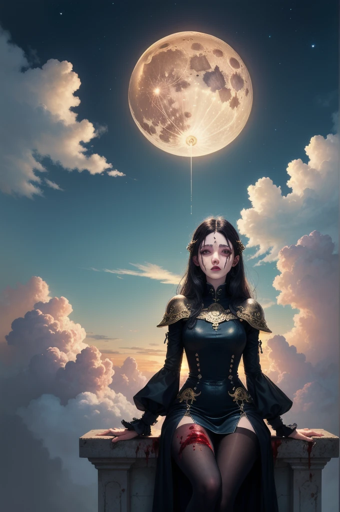 ((best qualityer)), ((work of art)), (detailded)(fantasy illustration:1.3), lovely gaze, skintight, pantyhose, Stockings, May, captivating pose, delicate wings, Otherworldly charm, mystical sky, large moon, full moon night, subdued colors, (detailded cloudscape:1.3), (high resolution:1.2), from low, (assessment_explicit), (punctuation_9, punctuation_8_High above, punctuation_7_High above, punctuation_6_High above, punctuation_5_High above, punctuation_4_High above, high resolution, 4K)
an 1 girl, pale skin, long straight black hair, red dress and black boots, black eyes, and blood on the face and hands.