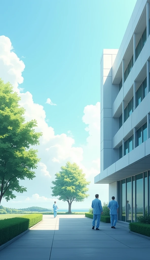 A hospital and in the distance you can see a tree.