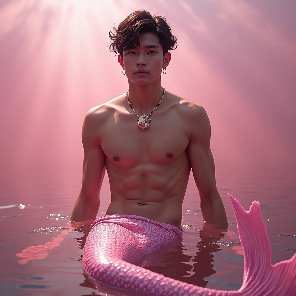 Hyper realistic, Masterpiece, detailed, 8k, a young indonesian man, tanned skin, shirtless, merman, pinkish ocean background, pink mermaid tail, seashell ornament, undefined, undefined, undefined,