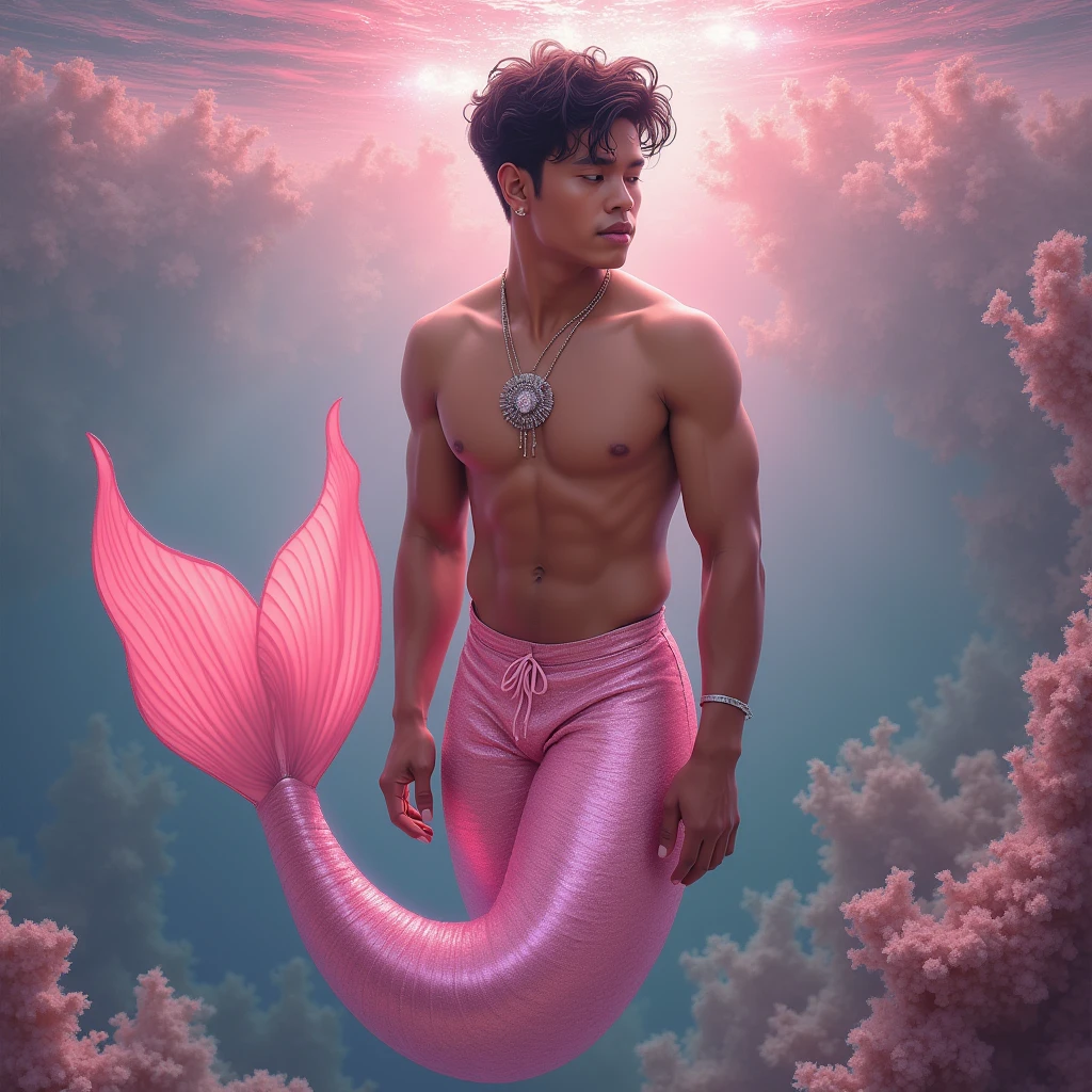 Hyper realistic, Masterpiece, detailed, 8k, a young indonesian man, tanned skin, shirtless, merman, pinkish ocean background, pink mermaid tail, seashell ornament, undefined, undefined, undefined,