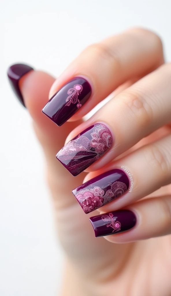 Create a Asian purple style nail design in wine colors in an square shape with a white background with realistic fingers