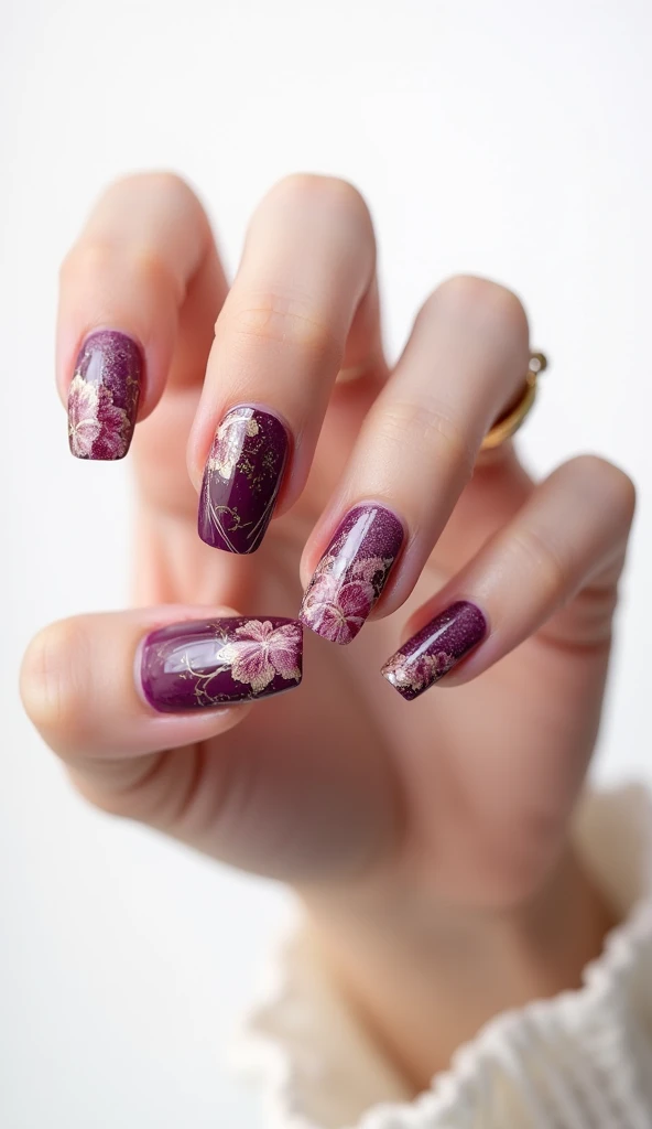 Create a Asian purple style nail design in wine colors in an square shape with a white background with realistic fingers
