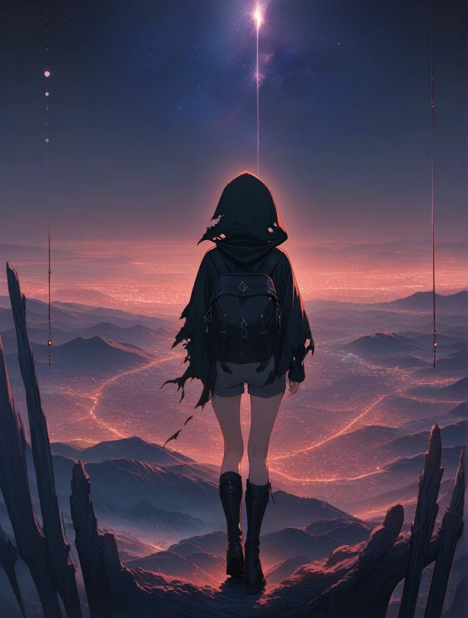 score_9, score_8_up, score_7_up, score_anime, masterpiece, top quality, delicate illustration, sharp lines, sharp focus, BREAK, a traveling girl wandering in the endless night world, the girl wears a hood and has a lot of stuff in her backpack, night , fantastic landscape, beautiful scenery, harmony with nature, spectacular view, space city, (((torn clothes))), (((torn hood))),shorts,boots