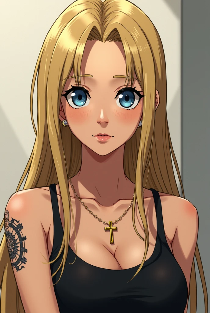 Manga girl character long straight blonde hair with blue eyes quite tanned Christian cross around the neck in gold and thin gold hoop earrings black tank top eyeliner with the Fairy Tail logo on the arm