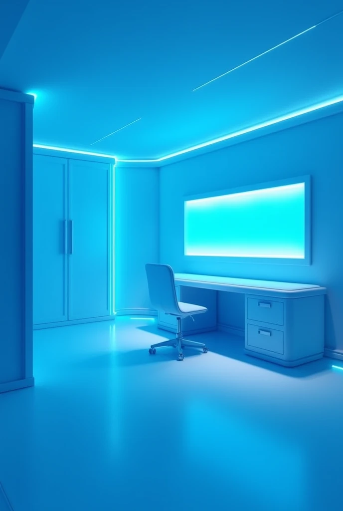 Scenography of a futuristic room in shades of blue without including any characters