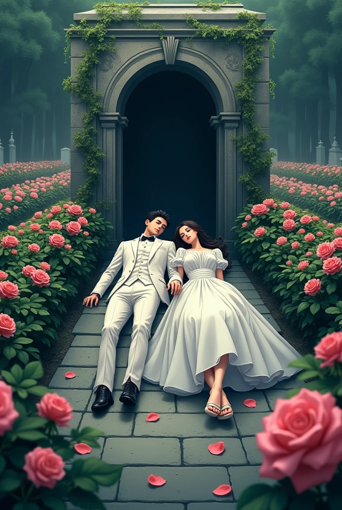 Dead couple lying in a tomb in a cemetery full of roses anime