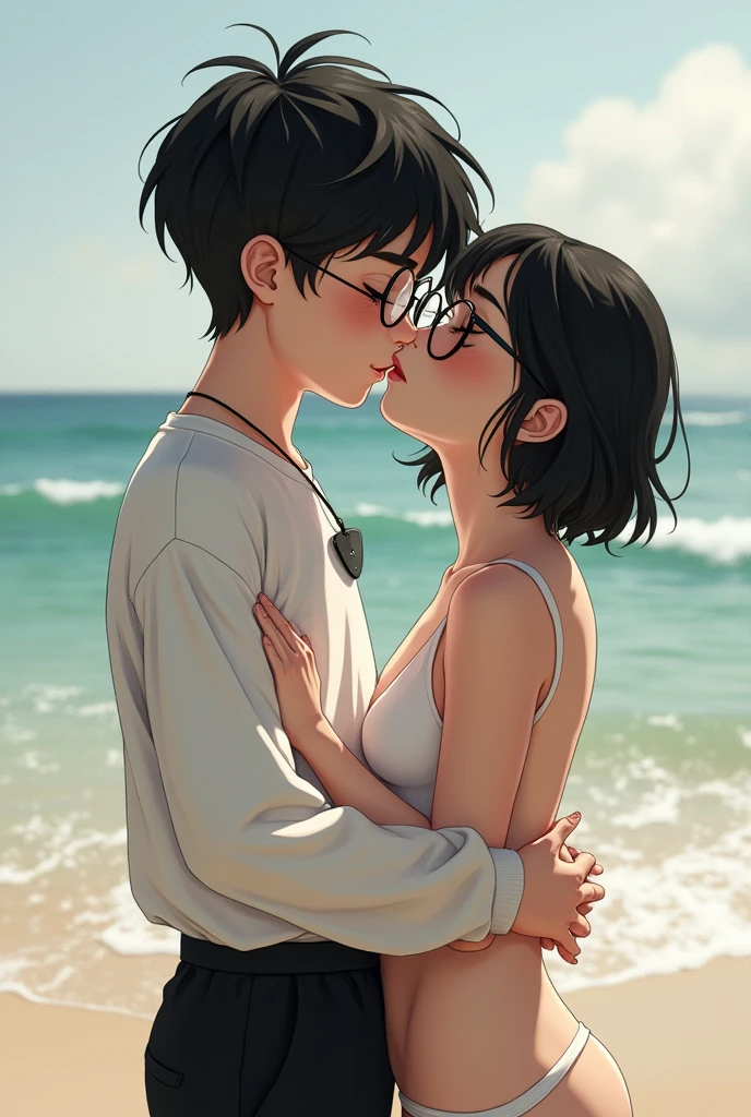 14 -  boy, almost straight wavy black hair, black eyes, thick mouth, skin turning white, dressed in a white sweatshirt, with a guitar pick shaped necklace, and black wide pants, wearing round glasses. kissing a beautiful girl with white skin, Brown eyes, short black wavy hair, wearing round glasses. She has thick lips and doesn&#39;t wear anything, aged approximately 13 - 14 years, is on the beach