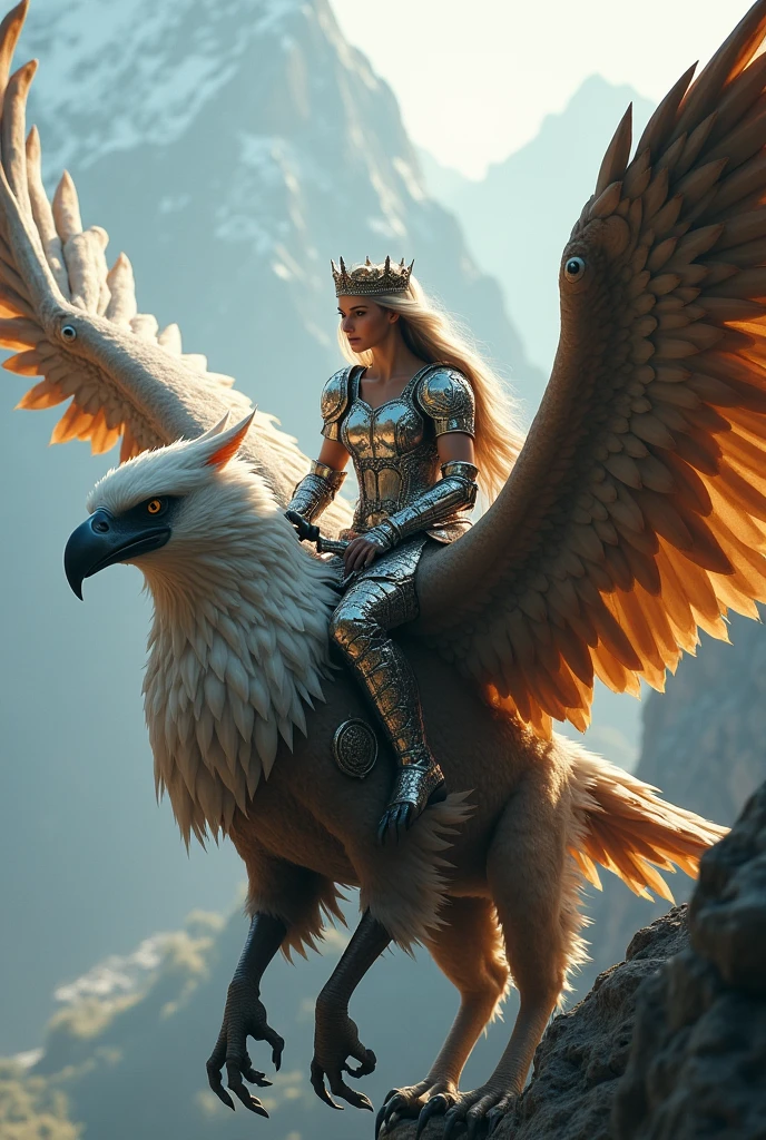 A queen on a big eagle griffin (princess with metal suit and sword and armour) realitic image hd quality.. On a mountain 