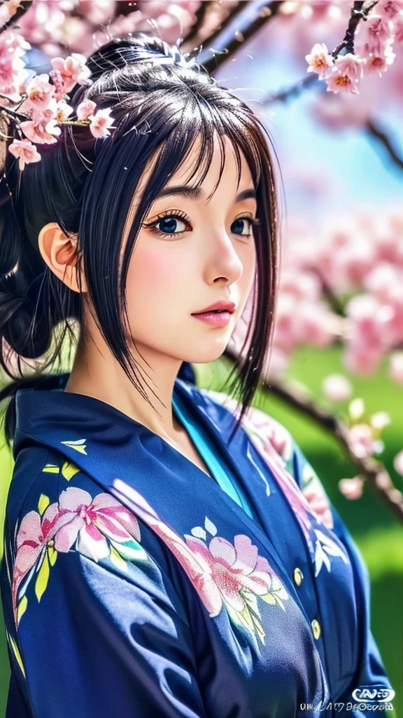 A Japanese girl, Japanese kimono, long legs, hands behind her back, (Realism: 1.4), (Masterpiece: 1.3), facing the camera, smiling, aqua green eyes, grinning, floating hair, close-up, 4K, realistic lighting, ultra hd, shadows, blurred background, clean, 3d.
