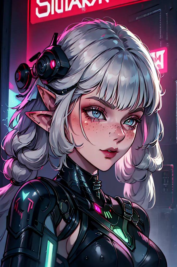 a close up of a female, pastel goth, big elf girl with freckles, light grey eyes, pointy ears, freckles, many freckles on face, white horns, unreal 5. rpg portrait, 8k portrait render, unreal engine 5, beautiful female elf, unreal engine character art, female character, female lead character, there is a woman in a black leather outfit posing for a picture, goth cybersuit, wearing techwear and armor, cybersuit, dark natasha, cyber suit, clothed in sci-fi military armor, cybersuits, diverse cybersuits, cyberpunk 2 0 y. o model girl, in a dark space mercenary outfit, cyberpunk gorgeous goddess