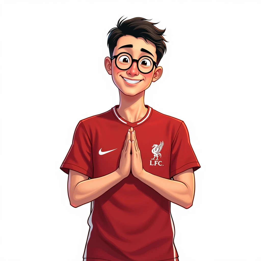 Thai man, about 40 years old, short hair, smiling in manga style, bowing in Thai style and wearing a Liverpool shirt, wearing glasses, standing in cartoon style. High quality dynamic photo, detailed and colorful. Realistic and colorful pose, white background.