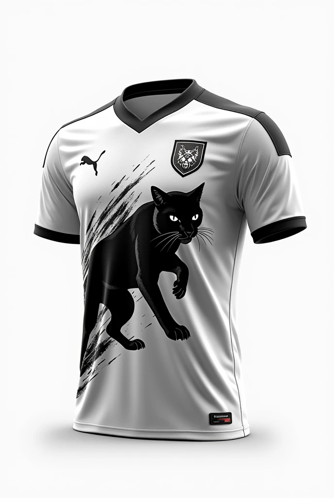 Make the best white interclass jersey, with a small black wild pampas pampas cat that scares opponents, and Make several black details of scratches similar to a tiger on the shirt and in the upper left corner in the chest area place the puma symbol