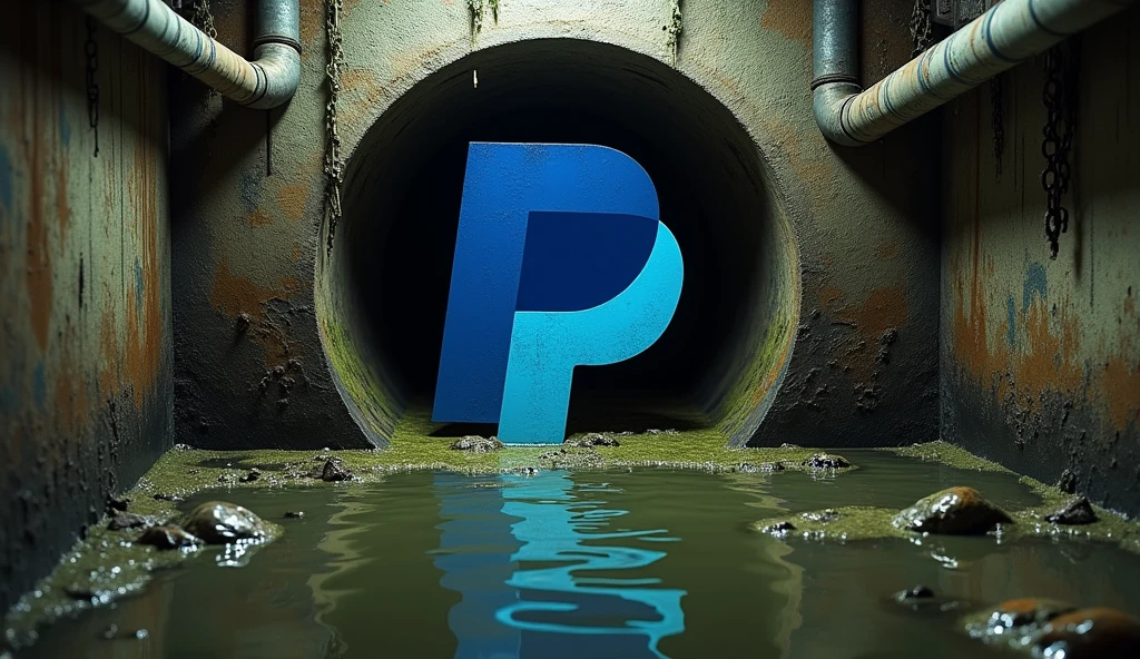 Dirty ans toxic PayPal logo in the middle of a dirty sewer