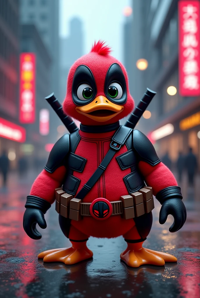 Crea a un sayduck con traje de deadpool
