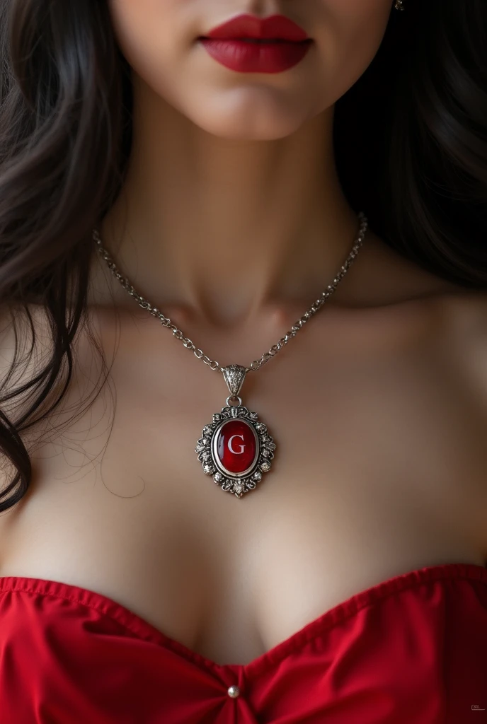 A silver necklace with a red pendant with the initial G a little small in the shape of an oval and with the tiny initial on the neck of a dark-haired woman