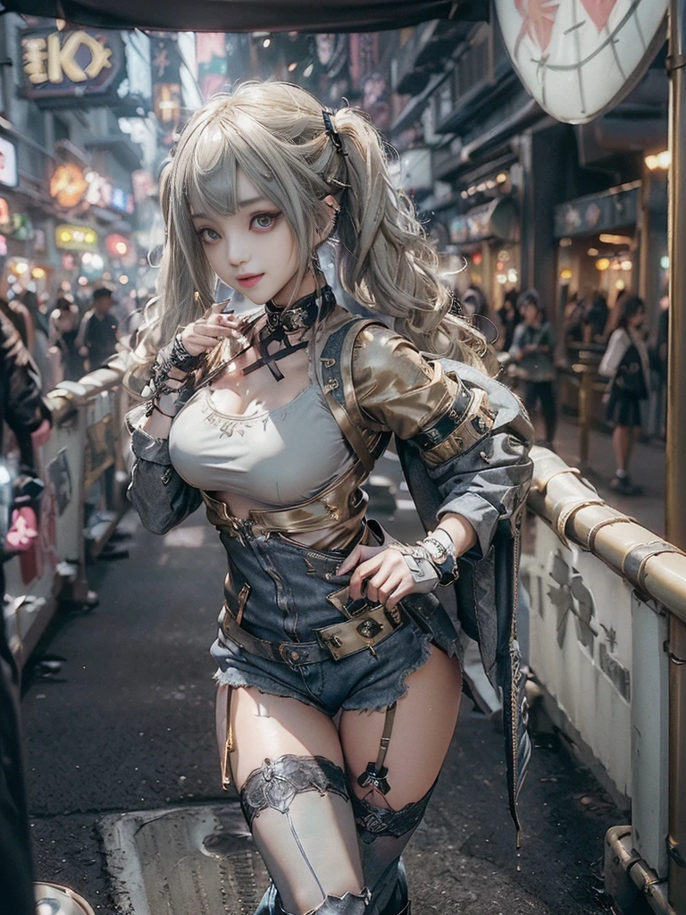 (Full Body View:1.3)、(Side view:1.1)、(Smiling with teeth showing:1.3),(Shibuya Gal:1.5)、(Beautiful:1.4)、(Goth Fashion:1.5)、(Punk RockVisual Kei:1.3)、(Futuristic baby doll in metallic grey, khaki and denim:1.5)、(A delicate jacket in beige, black and navy:1.5)、(Denim garter belt:1.5)、(Denim, olive, and white bodysuit:1.4)、(Heart-shaped silver accessories:1.5)、(Brown Skin Belt:1.4)、(Blue High Heels:1.4)、(Lace patterned underwear:1.4)、2、NSFW,((Highest quality、In 8K、masterpiece:1.3))、Sharp focus:1.2、(Layered Cut、Beautiful boobs:1.1),Beautiful woman with perfect figure:1.4、(Doing an aerobics pose:1.3)、Slender Abs:1.2、Butt、Highly detailed face and skin texture、Detailed eyes、double eyelid,(Twin tails:1.3)、(Light gold colored hair:1.3)、(Black brown eyes:1.3)、Obscene、Gravure idol、(Luxurious amusement park at night:1.3)、(Make your legs thinner:1.4)、(Thin thighs:1.4)、(Slim Body:1.3)、(clavicle:1.1)