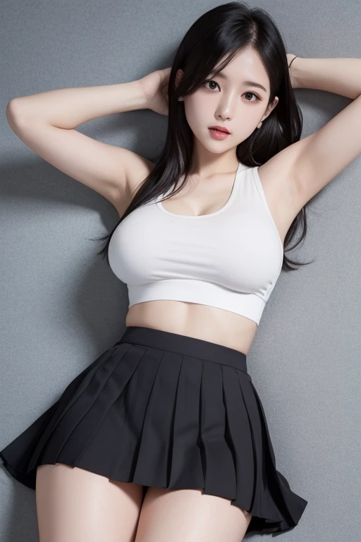 Black hair straight、Spread your legs、High resolution, Lying on your back、Big Breasts、White underwear、Pleated mini skirt、Tank top