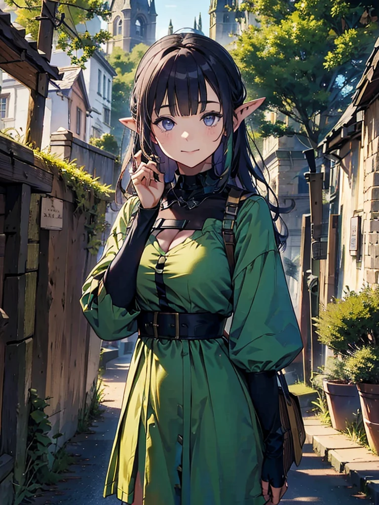 Magical Battle、cathedral、Medieval streetscape,Wide Road、Pointed Ears、Green Dress