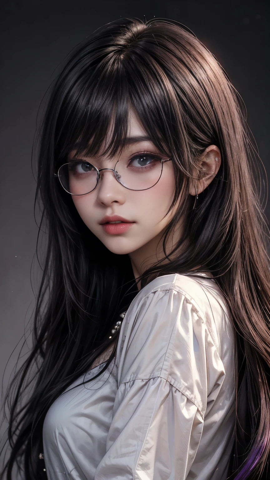 background(黒いnight空,Big Moon),Close-up of a woman,Wearing a white shirt、Purple Hair,Very long hair,very thick braids,Purple eyes,big ,((Glasses))、realistic girl rendering, 8k artistic german bokeh, Enchanting girl, Real Girl, Gurwitz, Gurwitz-style artwork, Girl Roleplay, Realistic 3D style, cgstation Popular Topics,, 8K Portrait Rendering,(truth,truth:1.4),Wear pink pajamas,巨big ,Sparkling eyes,Purple eyes、Captivating beauty、Attractive adult woman、Beautiful woman、Cool girl、evil female、brainwashingされた、brainwashing、Fallen into evil、Grin、邪evilな表現、邪evilな笑顔、evil、Brown Hair、Wavy Hair、Swept-apart bangs、Heavy makeup、Heavy makeup、Sharp Eye、Hollow Eyes,Half-closed eyes、Hollow Eyes、Purple Eyeshadow、Black lipstick、black lip gloss、Long black cheongsam、Wide sleeves、night、Spooky Fortressscape Brush、Compensate、Are standing、