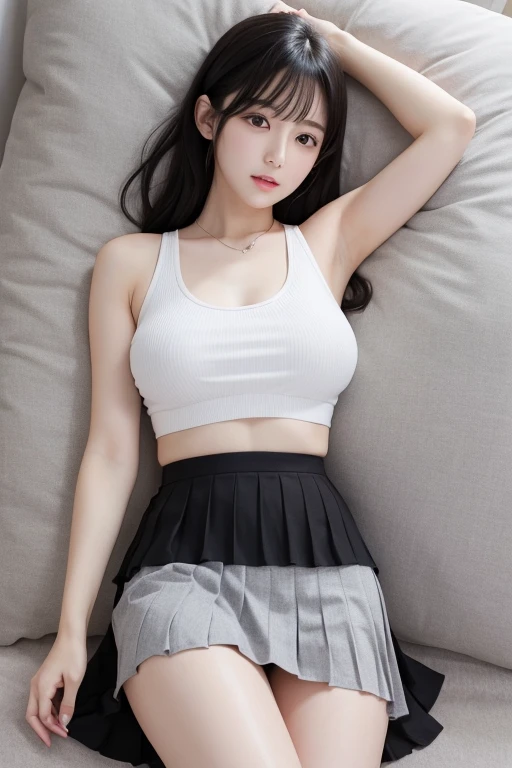 Black hair straight、Spread your legs、High resolution, Lying on your back、Big Breasts、White underwear、Pleated mini skirt、Tank top