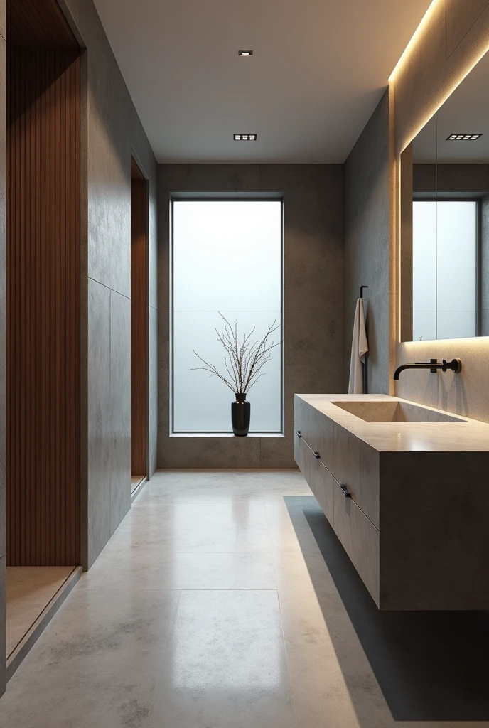 bathroom modern, ultra-realistic , 8k, ultra realistic render , 4K , photo realist , metal therefore , matte gray floor , stone countertop , small window with frosted glass , moderno , luxurious , a hanging vase , wood panel , wide perspective ,