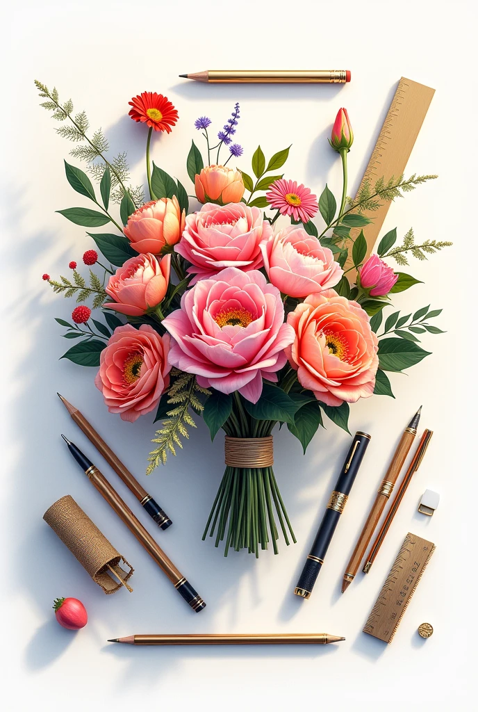 ((officially)) ((masterpiece)) ((Best quality)) ((detailed)) bouquet of flowers, Pencils, tassels, Ruler, pens on a white background