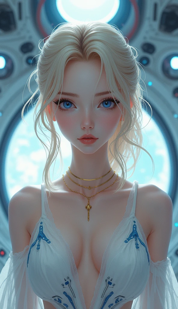 Young blonde anime, aesthetic body, dark blue eyes, with white clothes with blue details, on a spaceship, with golden necklace