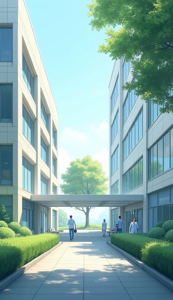 A hospital and in the distance you can see a tree.