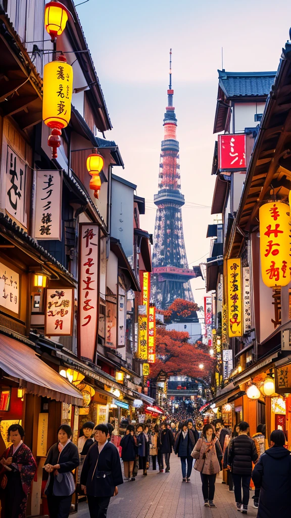 A vibrant and bustling scene of a traditional festival in Kyoto, Japan, now with Tokyo Tower visible in the background. The streets are filled with people dressed in colorful yukatas, and the atmosphere is lively with festive decorations, lanterns, and banners. Traditional floats adorned with intricate designs are parading through the streets, surrounded by crowds of enthusiastic onlookers. Stalls line the streets, offering a variety of local foods and souvenirs. The scene is illuminated by the warm glow of lanterns as the sun sets, with Tokyo Tower adding a modern touch to the historic festival atmosphere