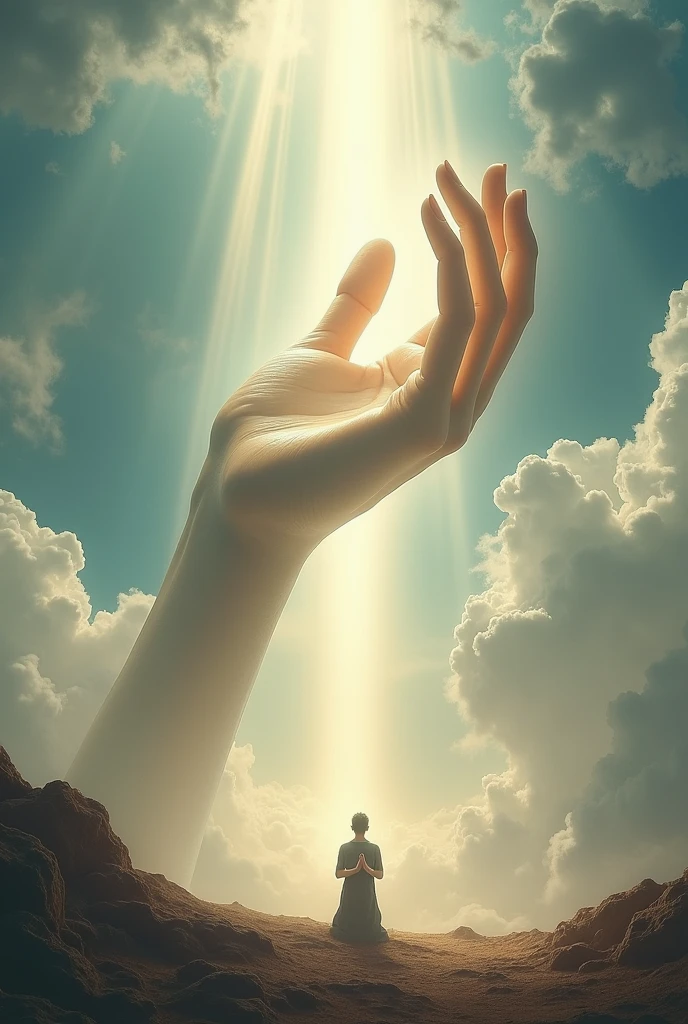 (photorealism:1.2), (4k) a giant hand coming out from the sky and a person praying