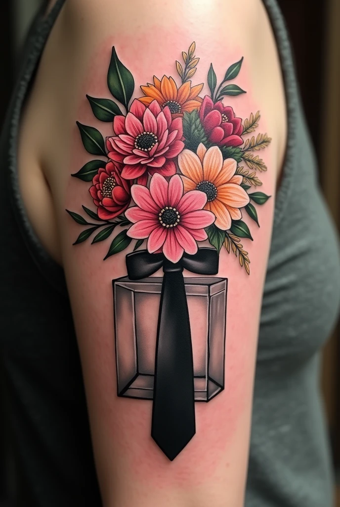 flower bouquet tattoo on a cubic stand around the flowers is wrapped a black tie as a tattoo idea