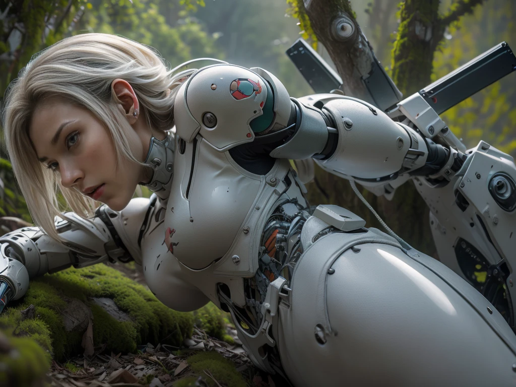 ((work of art, highest quallity, A highest quallity de imagem, high resolution, photorrealistic, CRU photo, 8k)), Robot soldier abandoned on the battlefield, broken and immobile, rust and moss showing the passage of time, Female cyborg body, female body, Biomechanics , extra body detailed, white streak blowjob, white Biomechanics details, body detailed, glossy white armor, cybernetic body, eva unit-00 on the back, full body details,