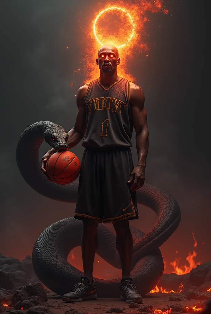 I need a picture of Kobe Bryant with red fire coming out of his eyes with a giant black snake with an angel's ring on his head the right and left hand held a basketball like a snake's tail