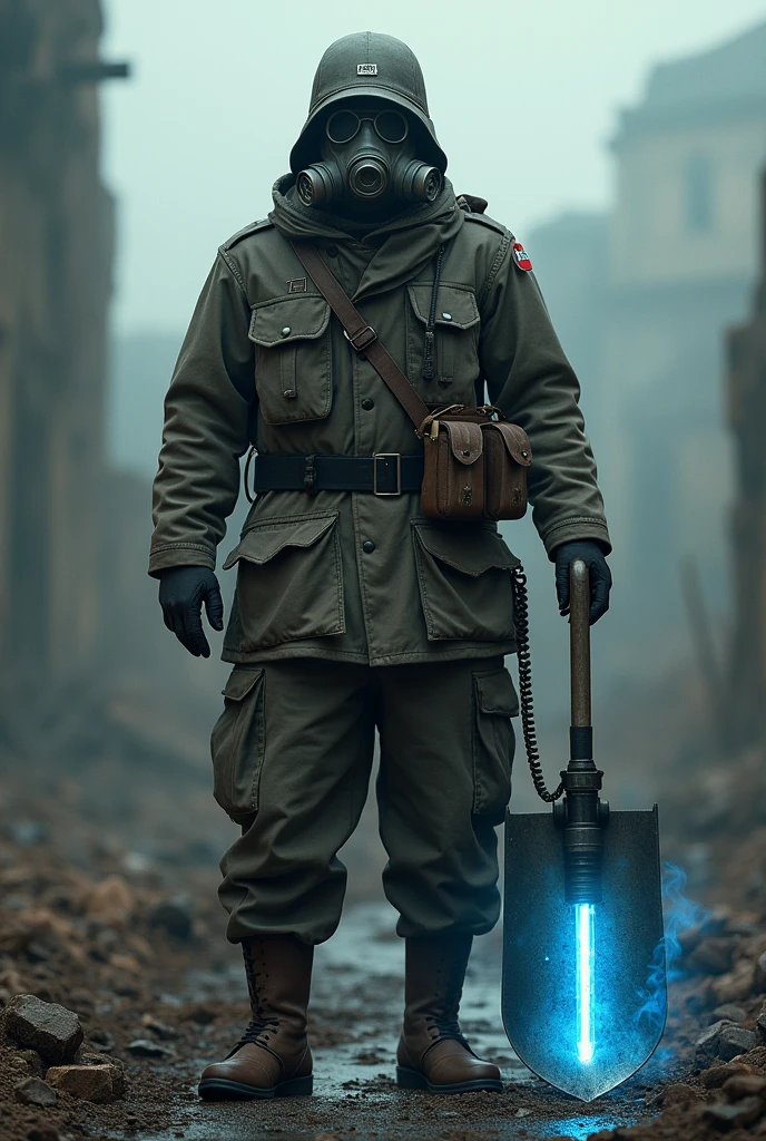 Deathkorps of Krieg soldier with shovel in hand, but the shovel is depicted as an energy weapon, glowing blue like a plasma weapon , in style like First World War, my gas mask