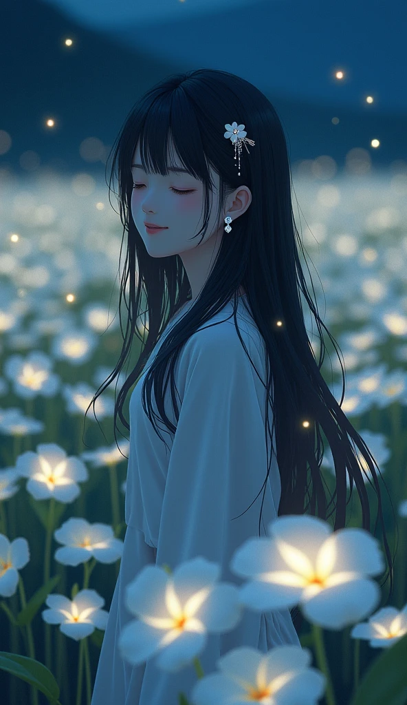  human girl, night time, fireflies, girl in the middle of the white plumeria field, Sparkle, Silhouette, Accurate, Masterpiece, High Resolution,Hair Ornament, POV,myth, anime, Bloom, Hair Ornament, Hair Flower, Long Hair, Hair Between Eyes, Closed Eyes, Earrings, Depth Of Field, Feet Out Of Frame, wallpaper, landscape, painting style,Black Hair, Light Smile, Crystal Earrings, From Behind, From Side, Multiple Views, 