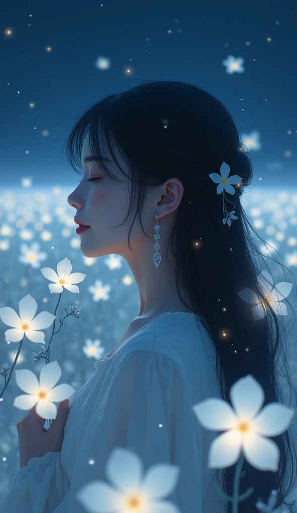 human girl, night time, fireflies, girl in the middle of the white plumeria field, Sparkle, Silhouette, Accurate, Masterpiece, High Resolution,Hair Ornament, POV,myth, anime, Bloom, Hair Ornament, Hair Flower, Long Hair, Hair Between Eyes, Closed Eyes, Earrings, Depth Of Field, Feet Out Of Frame, wallpaper, landscape, painting style,Black Hair, Light Smile, Crystal Earrings, From Behind, From Side, Multiple Views,