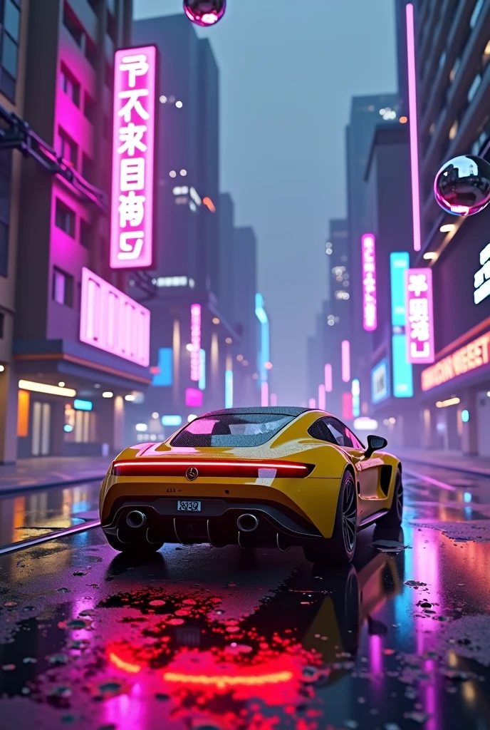 Cyberpunk Mercedes yellow street free lights and purple neons