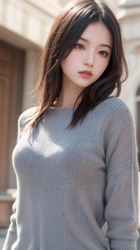 Grey lightweight knit, highest quality, figure, Very detailed, In detail, High resolution, 8k wallpaper, Perfect dynamic composition, Beautiful fine details, Women's Fashion Summer,ponytail,Small Breasts Natural Color Lip, Bold sexy pose,smile,Harajuku、20-year-old girl、cute、sexy shot looking at camera