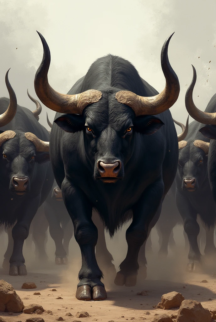 Group of bulls with the image of an angry bull
