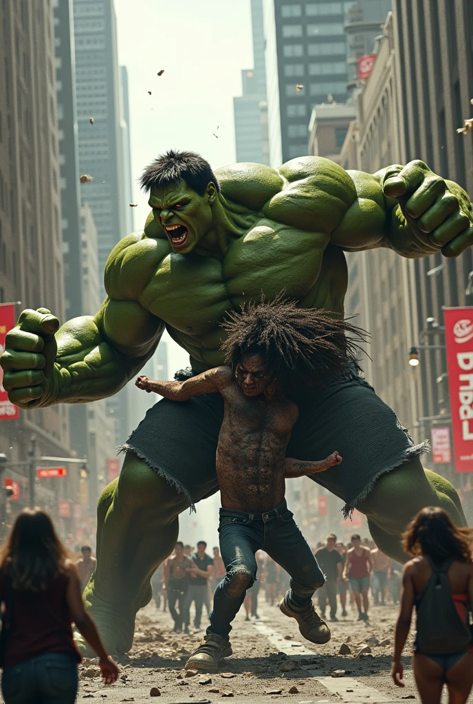 Hulk fighting the abomination on the street with several people watching