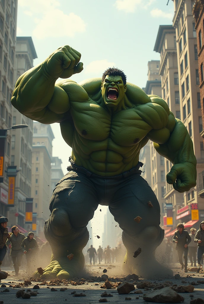 Hulk fighting the abomination on the street with several people watching