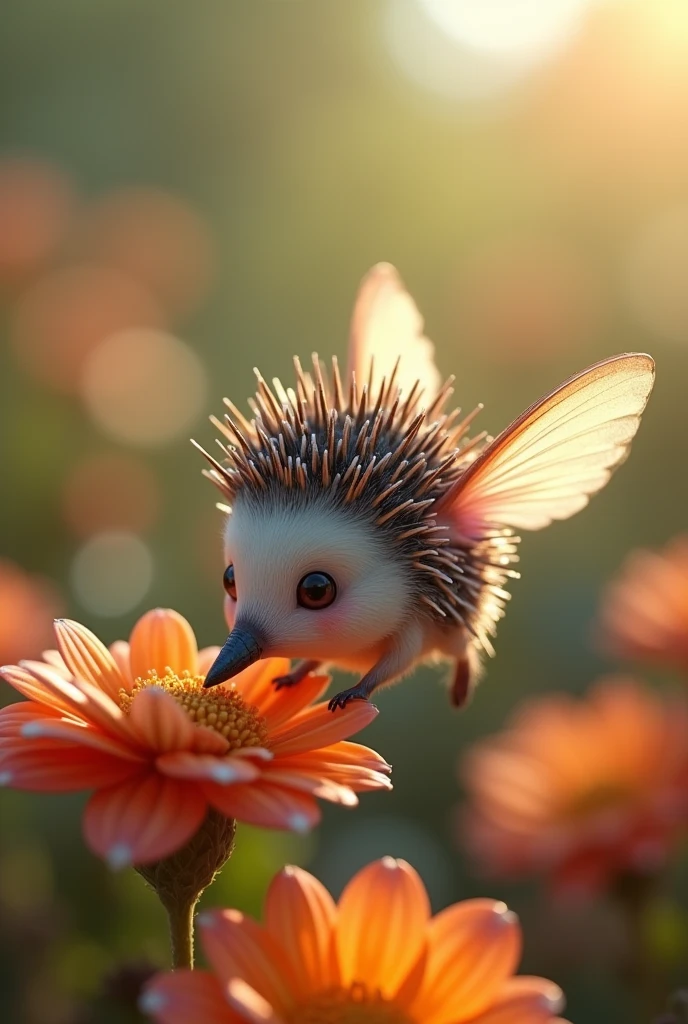 A tiny, endearing creature that is a mix of a hedgehog and a hummingbird. It has the round, spiky body of a hedgehog, with small, iridescent hummingbird wings that flutter rapidly. The creature hovers above a flower, sipping nectar with a long, slender beak, with its little nose twitching in curiosity and its spines shimmering in the sunlight."