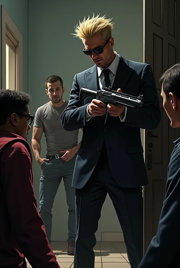 in the background in the shadows is a figure that appears to be a man in a suit with dark glasses and spiky blond hair. The third panel shows the man who was discussing killing the hostages who are crouched down with his hands down loading his gun to shoot.. In the room it shows the hostages begging for their lives, some of them crying, others quiet, already seeing that their lives would end that way. In the fifth frame one of the robbers tries to stop his ally from shooting.