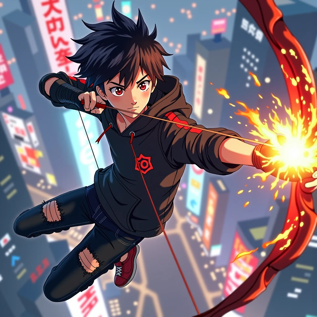 ((Hair: Pure black with red tips, short-spiky styled)), ((Appearance: Pale Fair-Skinned boy, around 168cm's height, lean, little muscular)), ((Eyes: Bright Red)), ((Clothes: Black long-sleeved hoodie with red stripes)), ((Under clothes: Black ripped jeans and red snikers)), ((Face: Handsome, cute, young teenager of 18 years-old)), ((Action: Floating in mid-air with a mischievous grin on his face, on top of a city)), ((Accessories: Black fingerless glove's)), ((Facial Expression: Calm, laydback, handsome, soft blush)), ((City: Modern stiled, bright lighting)), ((Location: On top of a city, japan, shibuya-styled)), ((Other Action: Pointing a flaming arrow towards a building)), ((Arrow: an arrow made of fire, there's no bow)), ((Expression: Focused on shoting)),