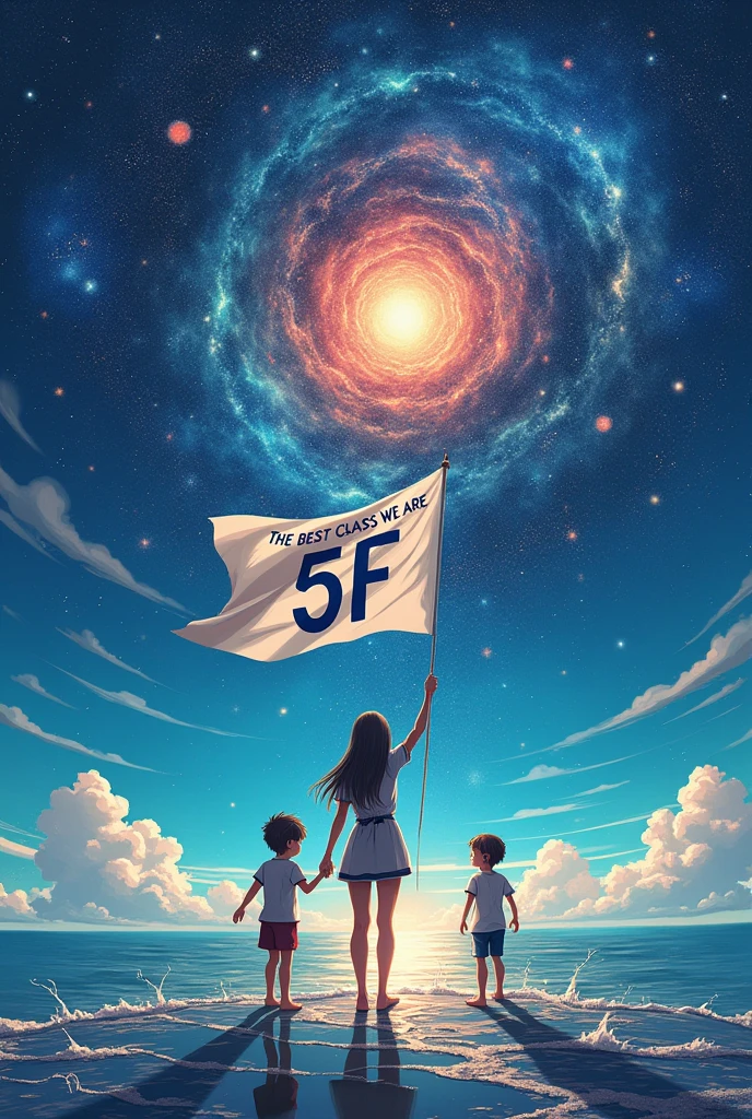 Create a full back shirt design with an outer space feel, the sea and two small children of Peria and a woman holding a flag with an inscription on the flag the best class we are 5 F